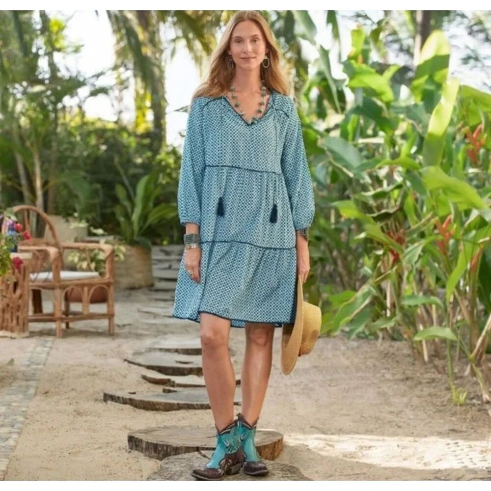 Sundance Dress Womens Small Blue Eternal Prairie Tiered Peasant Boho Tassel Midi